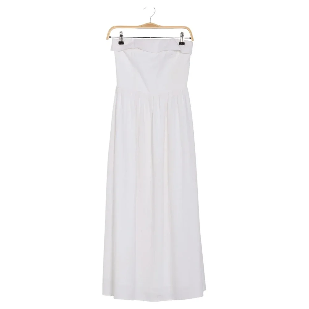 WAYF Strapless Linen‎ Midi Dress White Fit Flare Smocked Back Casual Summer